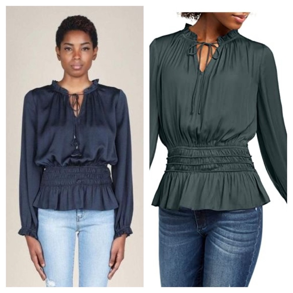 Current Air / Vera charcoal grey satin ruched tie neck long sleeve blouse m